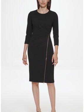 Calvin Klein Black Long Sleeve Sheath Dress with Gold Zip Accent